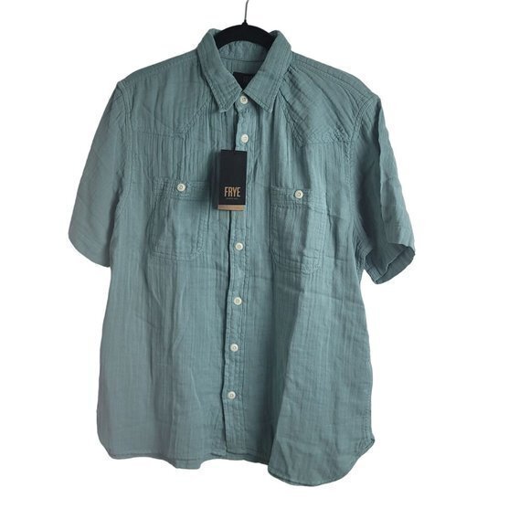 Frye Mens Size Medium Stone Blue Button Front Double Gauze SS‎ Cotton Shirt - Picture 1 of 7